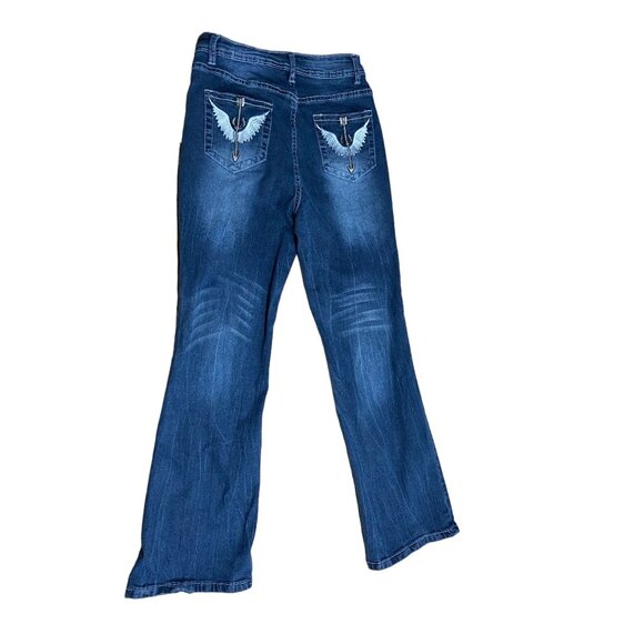 Womens Size Medium Blue Jeans Embroidered Wings Boot Legs Stretch Midrise Y2K - Picture 3 of 8